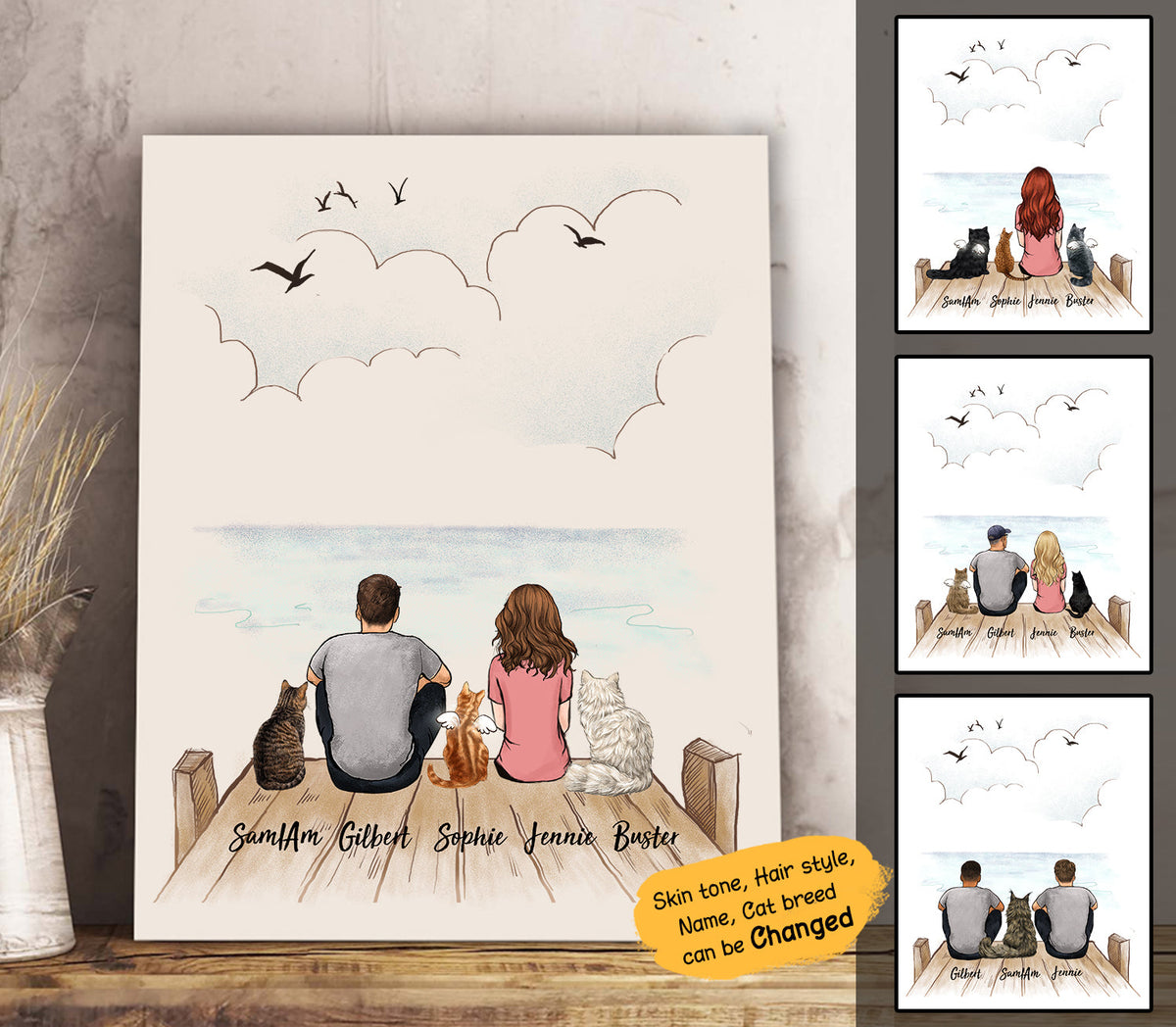 cat canvas art - wooden dock
