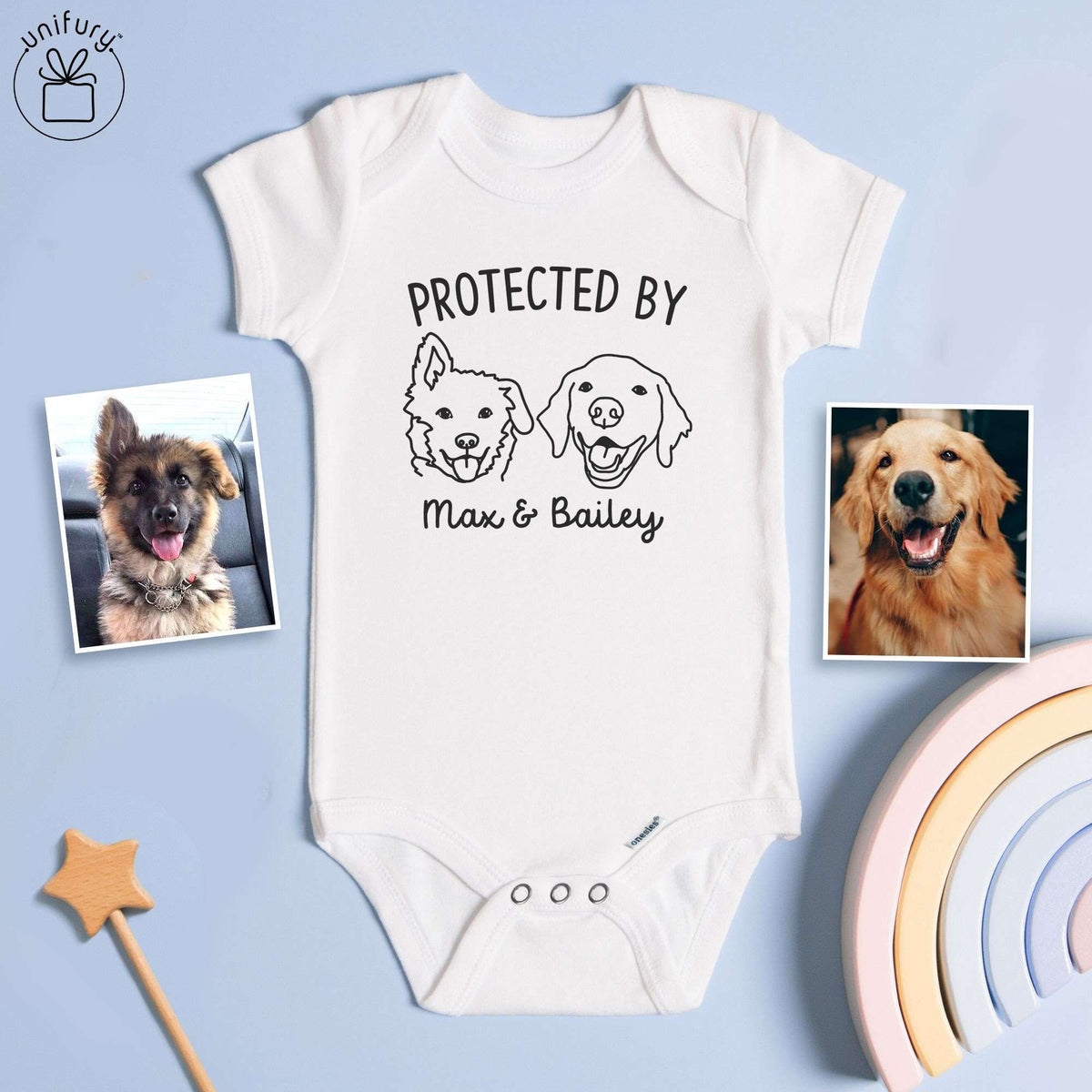 Personalized Protected By Dog Cat Line Art Drawing Baby Onesie
