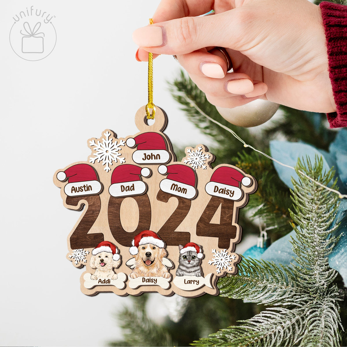 Personalized Family With Santa Hat Christmas Wooden Ornament
