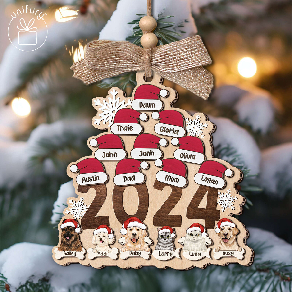 Personalized Family With Santa Hat Christmas Wooden Ornament