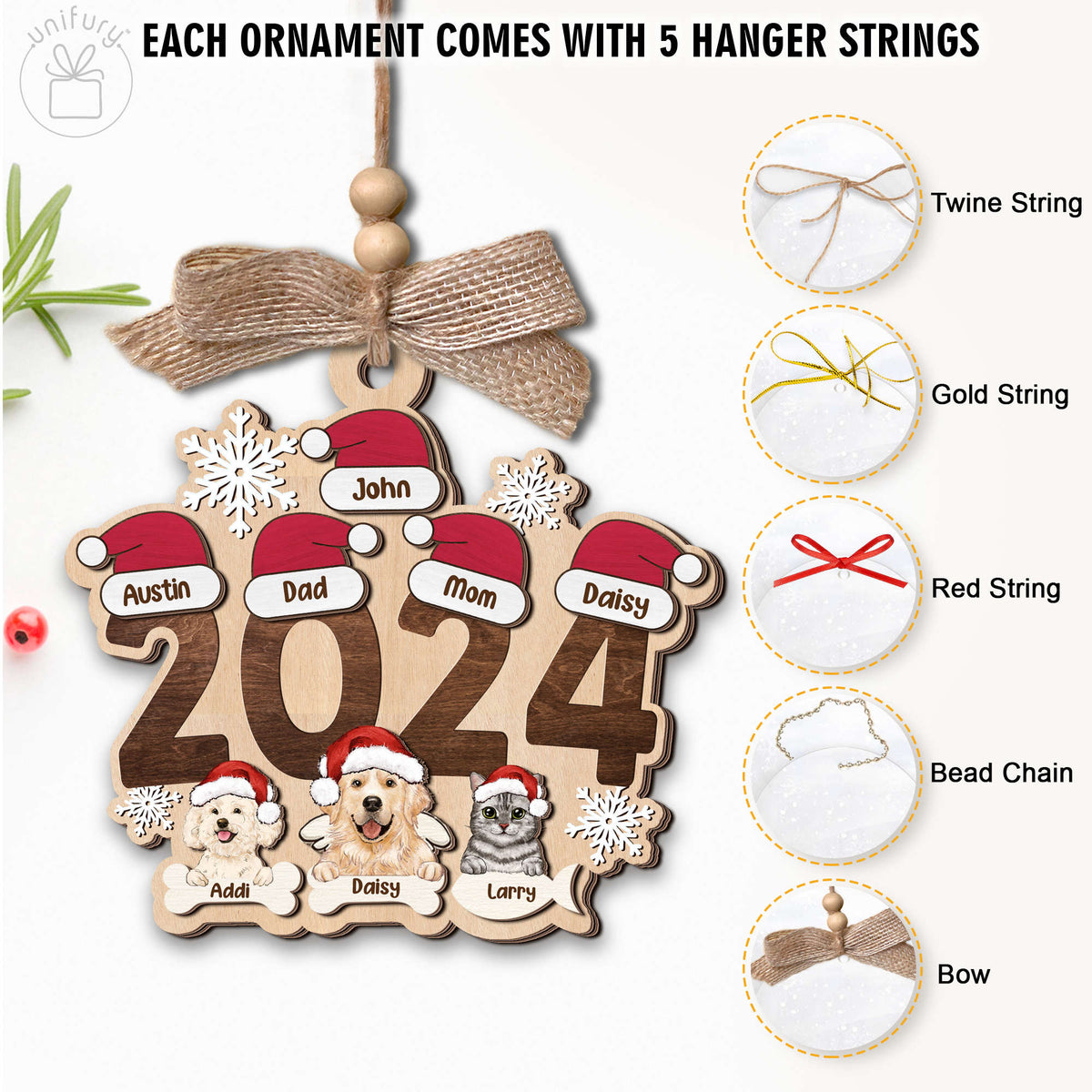 Personalized Family With Santa Hat Christmas Wooden Ornament