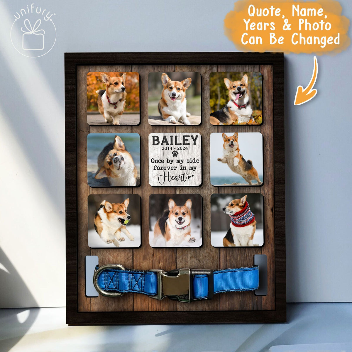 Personalized Memorial Pet Collar Frame With 8 Photos and Custom Quote - Sympathy Gifts For Dog Cat Lovers