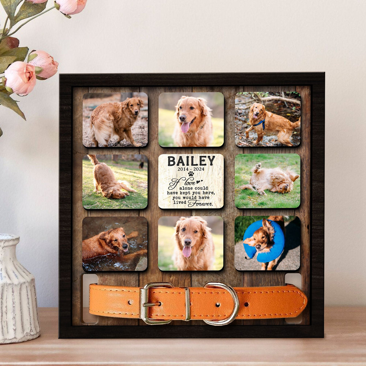 Personalized Memorial Pet Collar Frame With 8 Photos and Custom Quote - Sympathy Gifts For Dog Cat Lovers