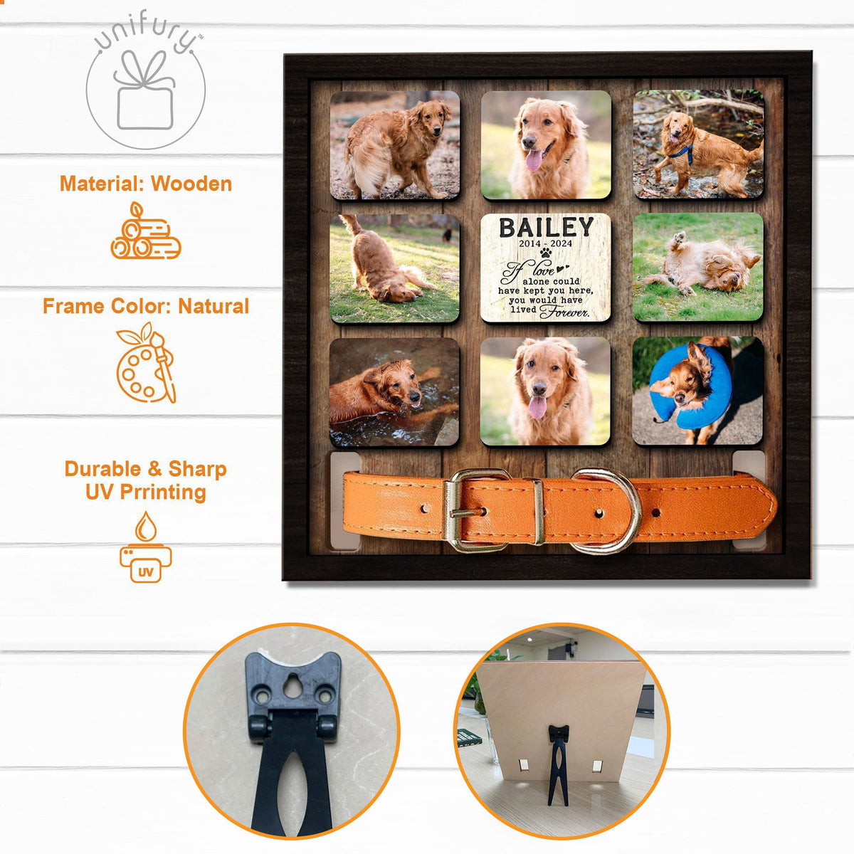 Personalized Memorial Pet Collar Frame With 8 Photos and Custom Quote - Sympathy Gifts For Dog Cat Lovers