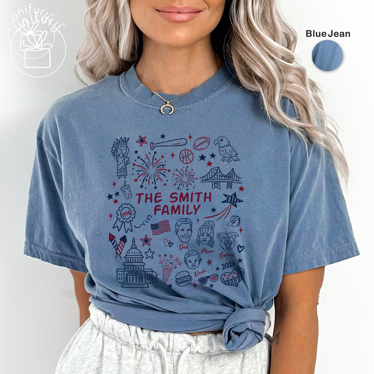 Custom 4th of July Family Face Line-art T-shirt - Comfort Colors 1717 - Independence Day Gifts - Family Gifts
