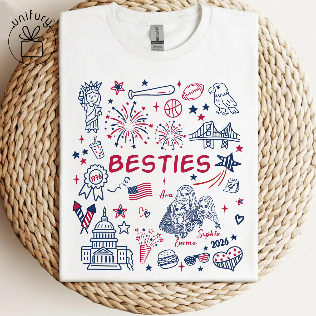 Custom 4th of July Besties Face Line-art T-shirt - Comfort Colors 1717 - Independence Day Gifts - Best Friend Gifts