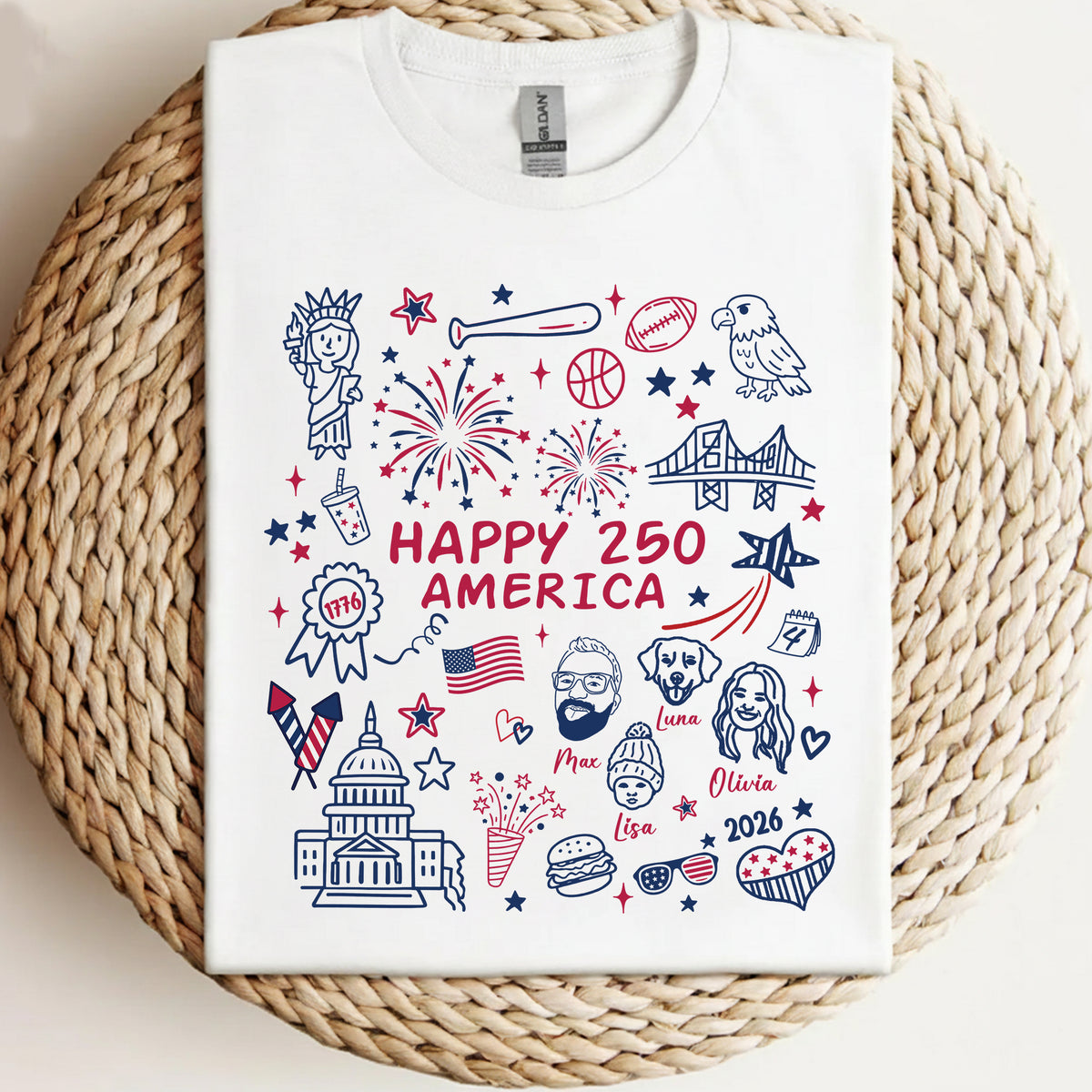Custom Happy 250 America 4th of July Face Line-art T-shirt - Comfort Colors 1717 - Independence Day Gifts