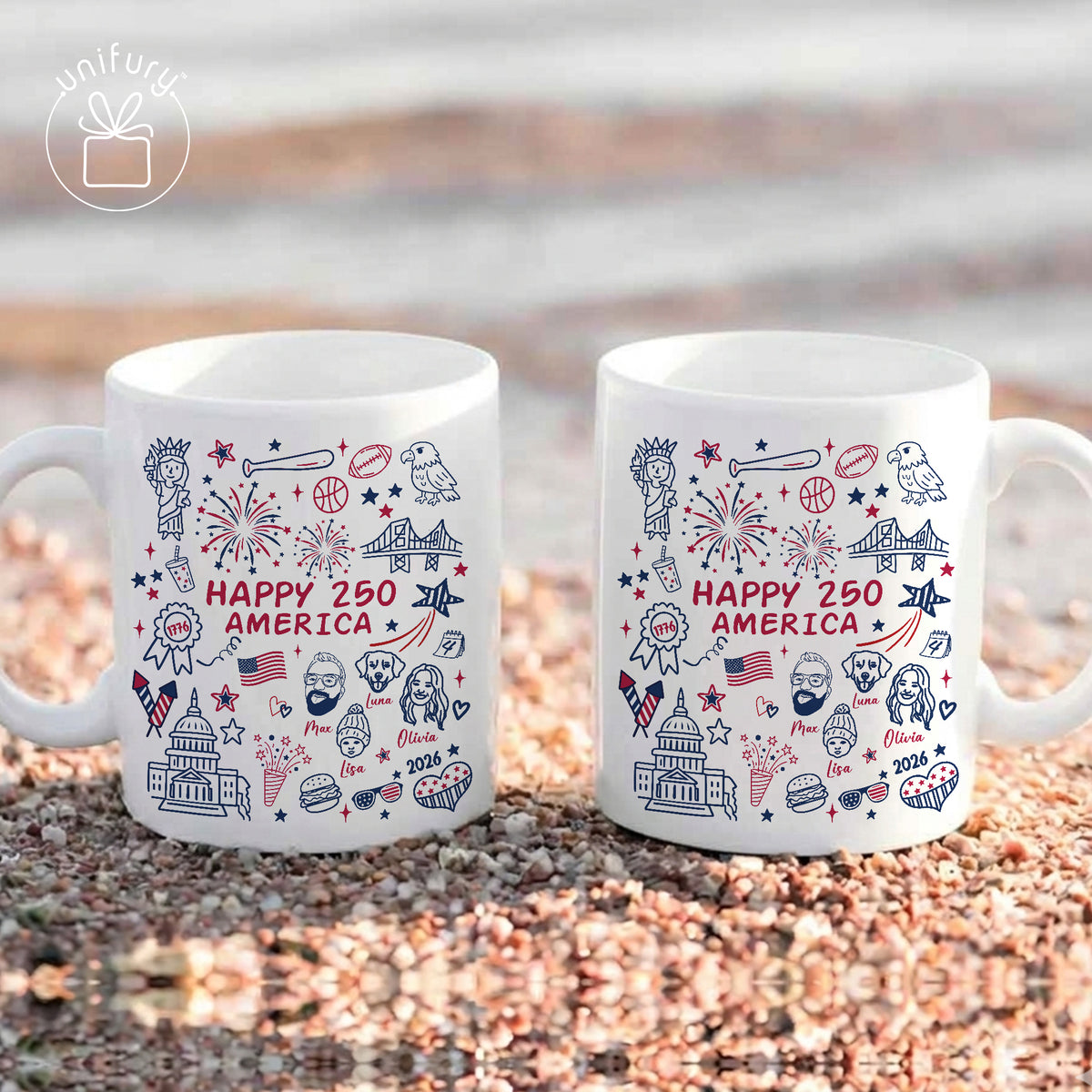 Custom 4th of July Line-art Drawing Ceramic Edge-to-Edge Mug - Gift For Family - Independence Day Gifts