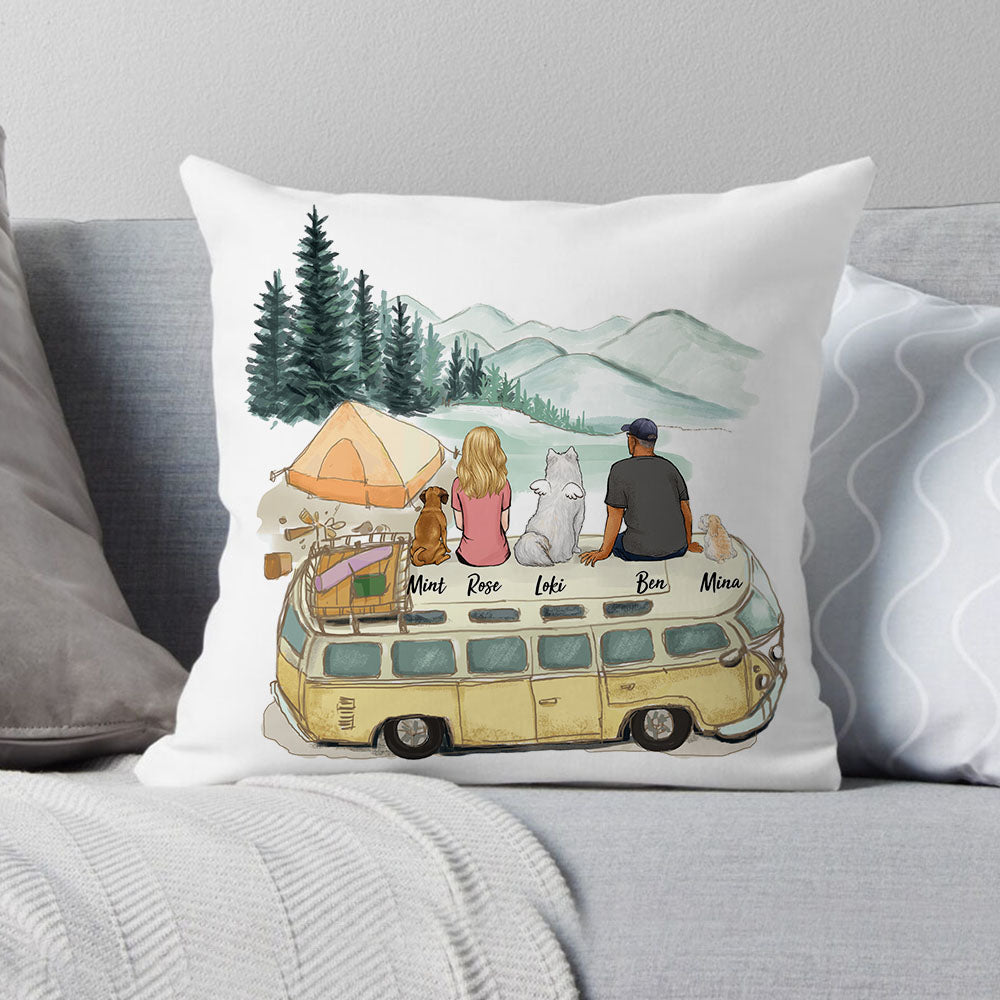 dog owner camping with dog canvas or linen or suede pillow gift for dog lovers