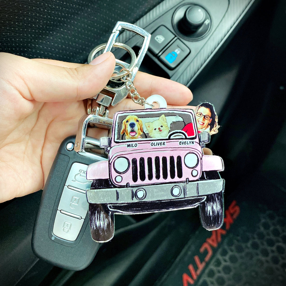 Custom Funny Pet Family Kids Photo Jeep Acrylic Keychain